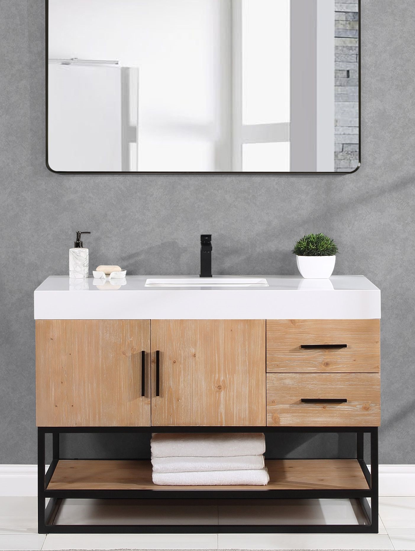 Issac Edwards 48" Single Bathroom Vanity in Light Brown with Matte Black Support Base and White Composite Stone Countertop with Mirror