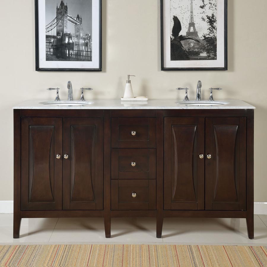 68" Double Sink Cabinet - Carrara White Marble Top, Undermount White Ceramic Sinks (3-hole)