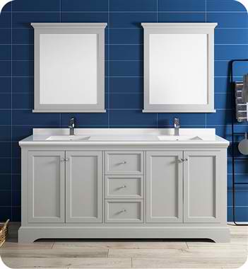 72" Gray Textured Traditional Double Sink Bathroom Vanity with Mirrors
