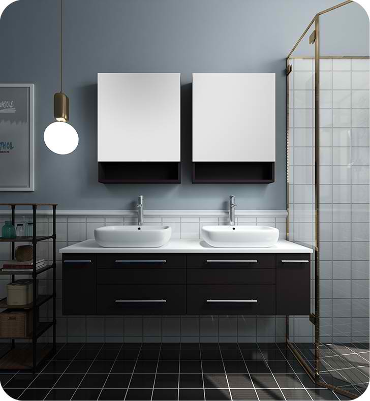60" Espresso Wall Hung Double Vessel Sink Modern Bathroom Vanity with Medicine Cabinets