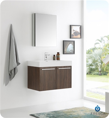 30" Walnut Wall Hung Modern Bathroom Vanity with Faucet, Medicine Cabinet and Linen Side Cabinet Option