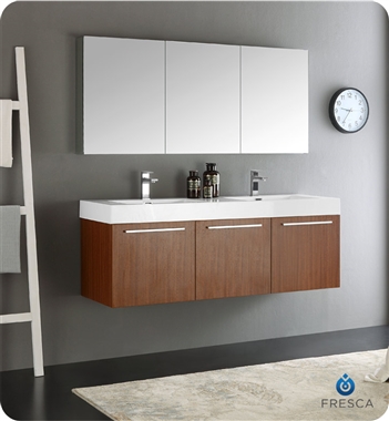60" Teak Wall Hung Double Sink Modern Bathroom Vanity with Faucet, Medicine Cabinet and Linen Side Cabinet Options
