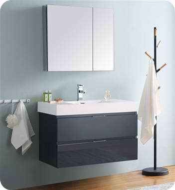 36" Wall Hung Modern Bathroom Vanity with Medicine Cabinet, Dark Slate Gray Finish