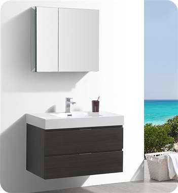 36" Wall Hung Modern Bathroom Vanity with Medicine Cabinet, Gray Oak Finish