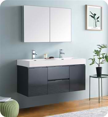 48" Wall Hung Double Sink Modern Bathroom Vanity with Medicine Cabinet, Color and Faucet Option
