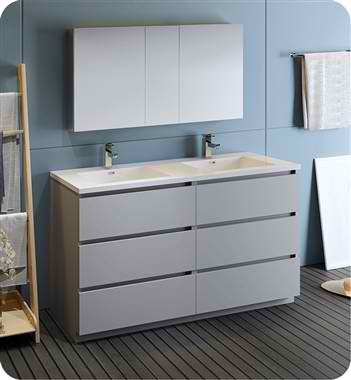 60" Gray Free Standing Double Sink Modern Bathroom Vanity with Medicine Cabinet, Faucet and Color Options