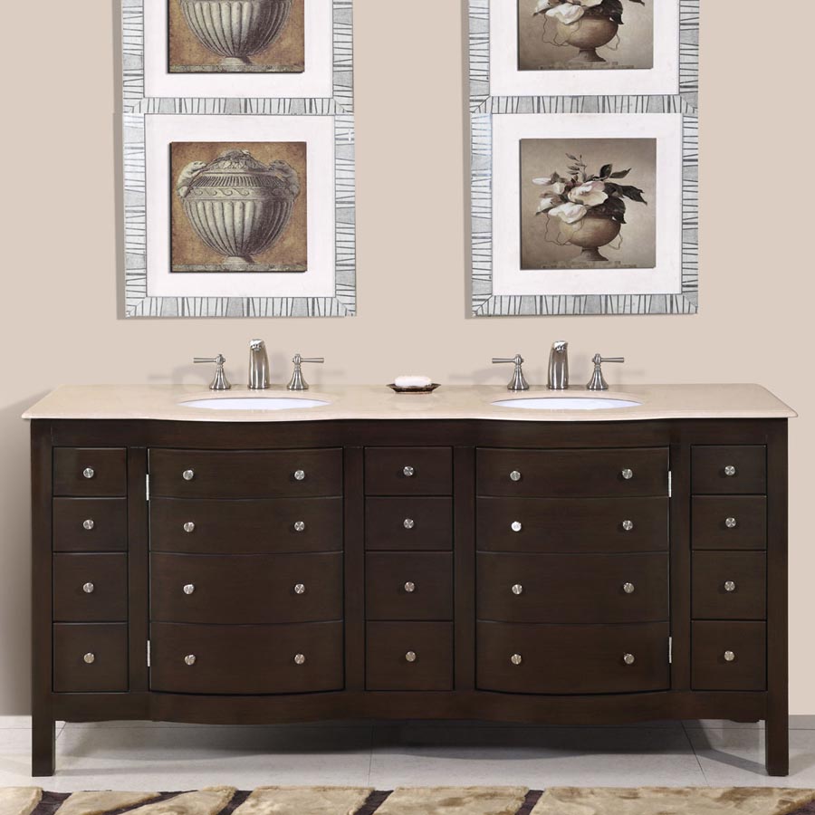 72" Double Sink Cabinet - Crema Marfil Top, Undermount White Ceramic Sinks (3-hole)