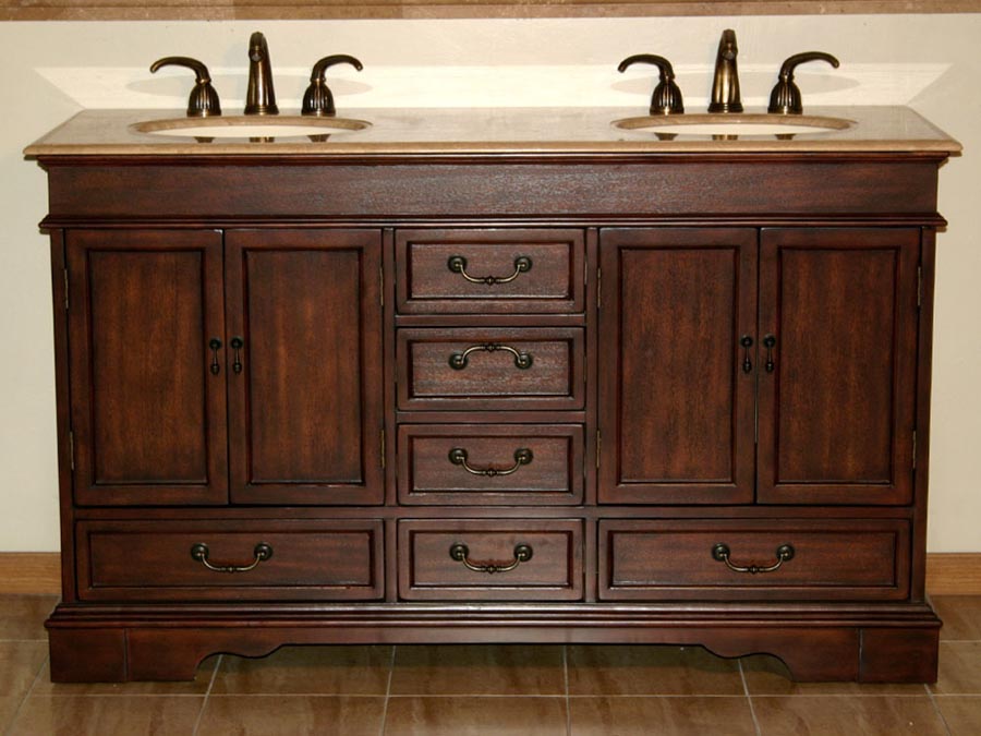 60" Double Sink Cabinet - Travertine Top, Undermount Ivory Ceramic Sinks (3-hole)