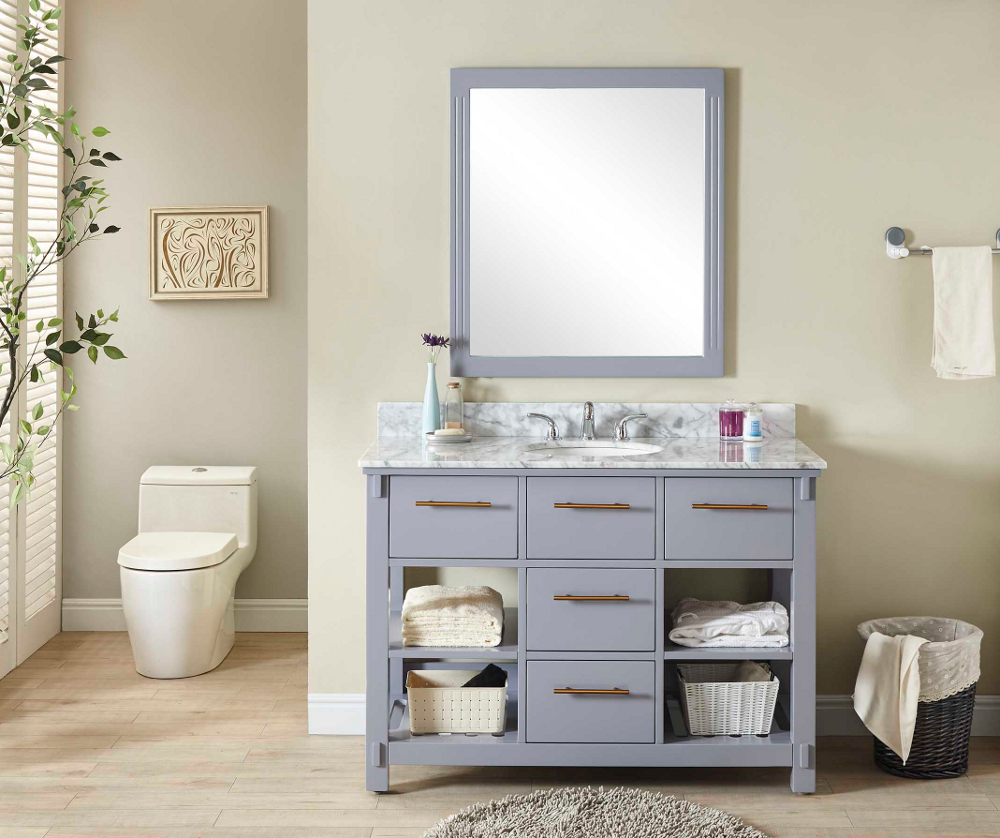 48" Single Sink Bathroom Vanity in Grey Finish with Carrara White Marble Top - No Faucet
