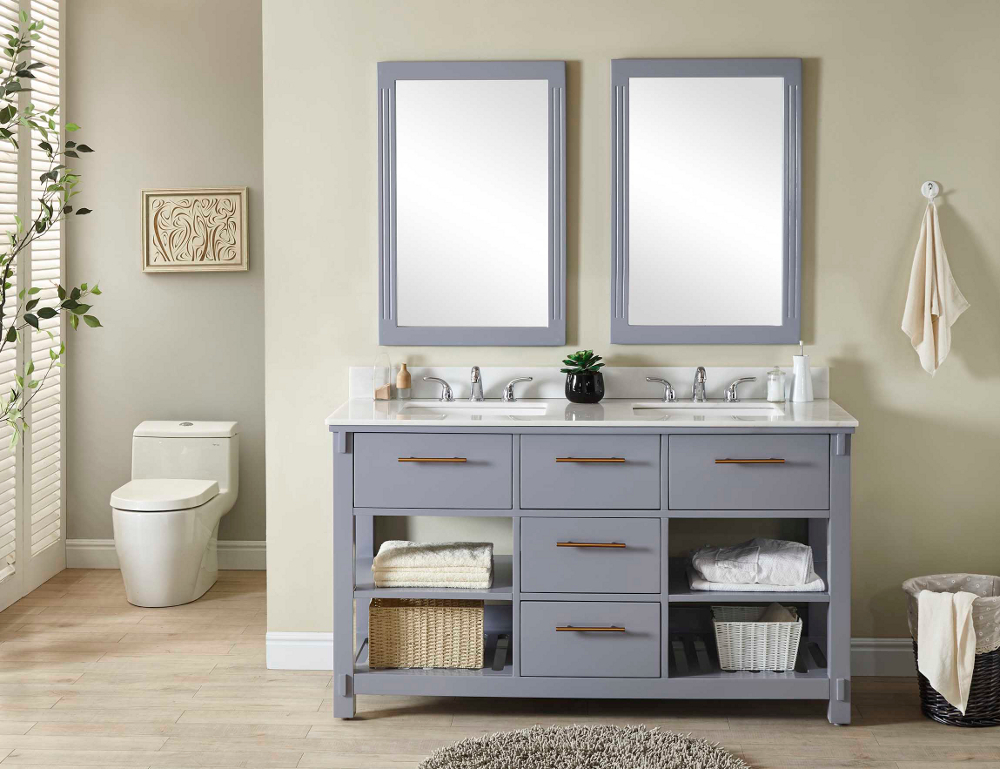 60" Double Sink Bathroom Vanity in Grey Finish with Arctic Pearl Quartz Marble Top - No Faucet