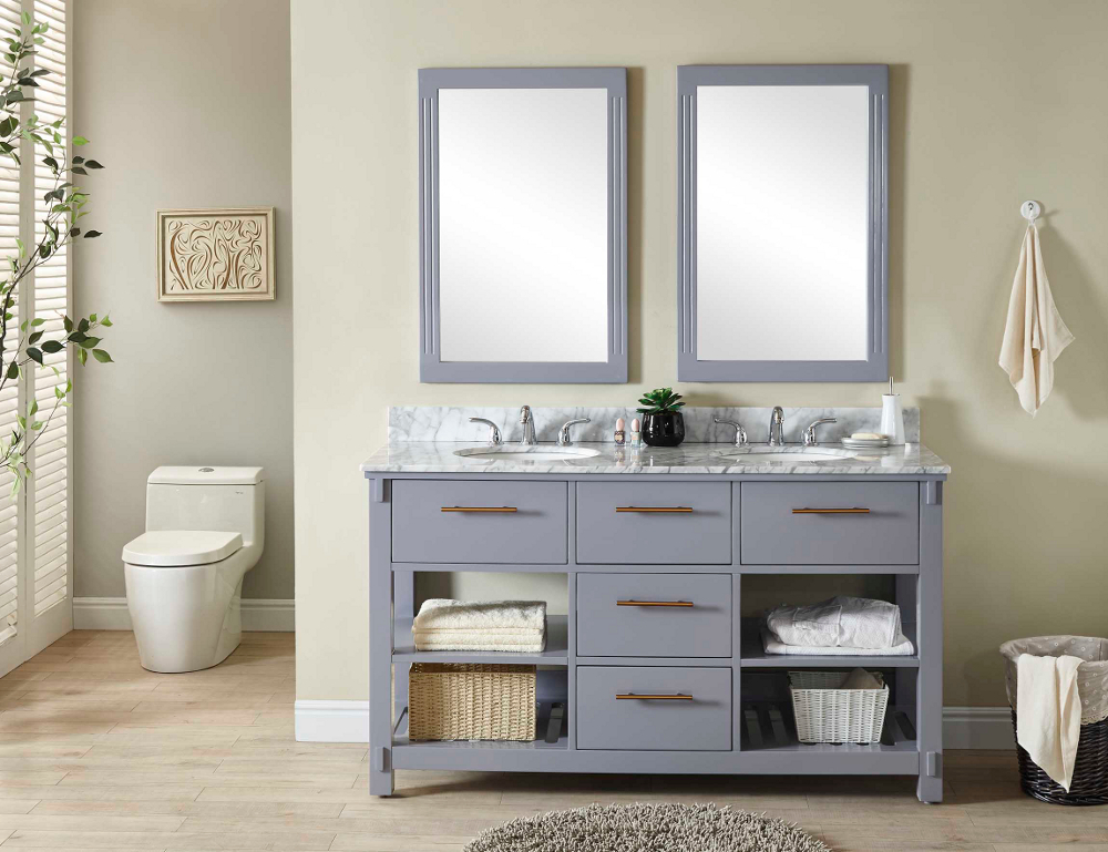 60" Double Sink Bathroom Vanity in Grey Finish with Carrara White Marble Top - No Faucet