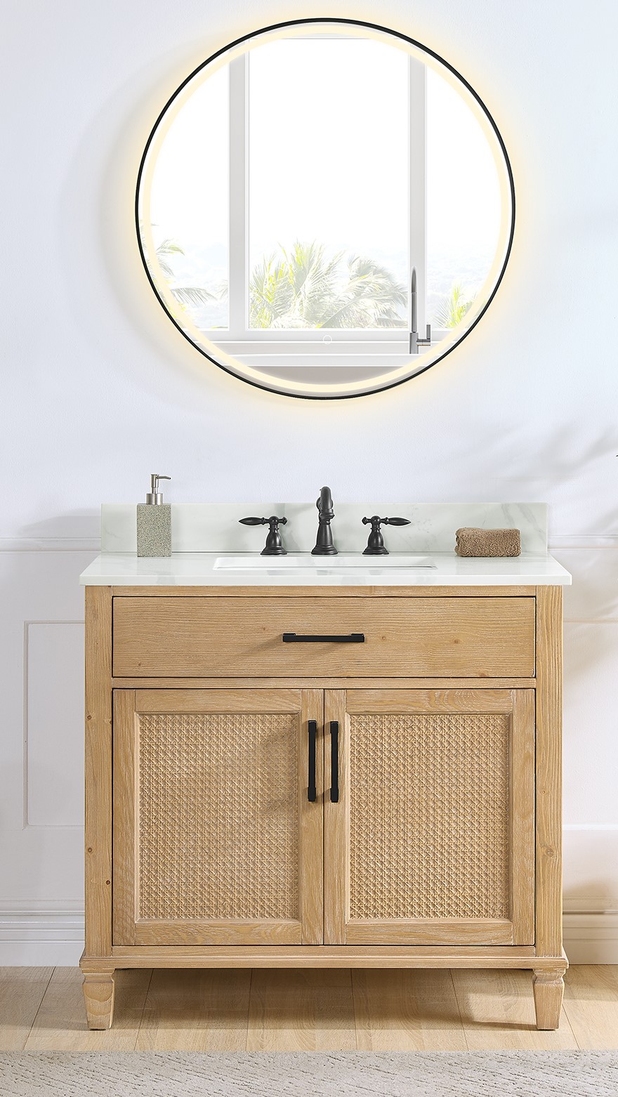 Issac Edwards 36" Single Bathroom Vanity in Weathered Fir with Calacatta White Quartz Stone Countertop with Mirror