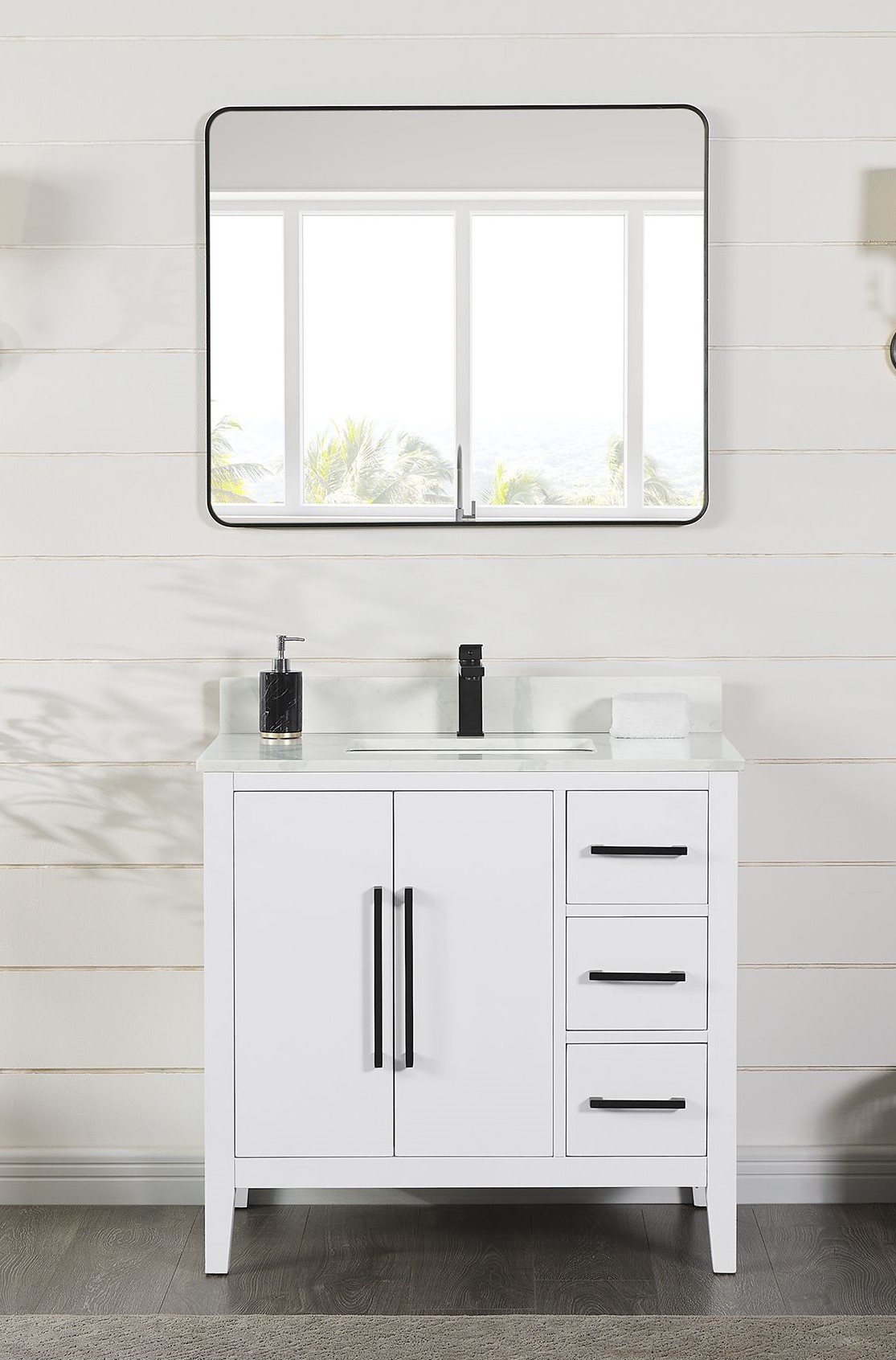 Issac Edwards 36" Single Bathroom Vanity in White with Calacatta White Quartz Stone Countertop with Mirror