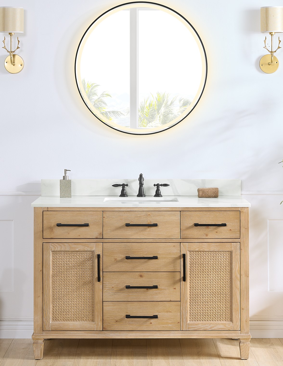 Issac Edwards 48" Single Bathroom Vanity in Weathered Fir with Calacatta White Quartz Stone Countertop with Mirror