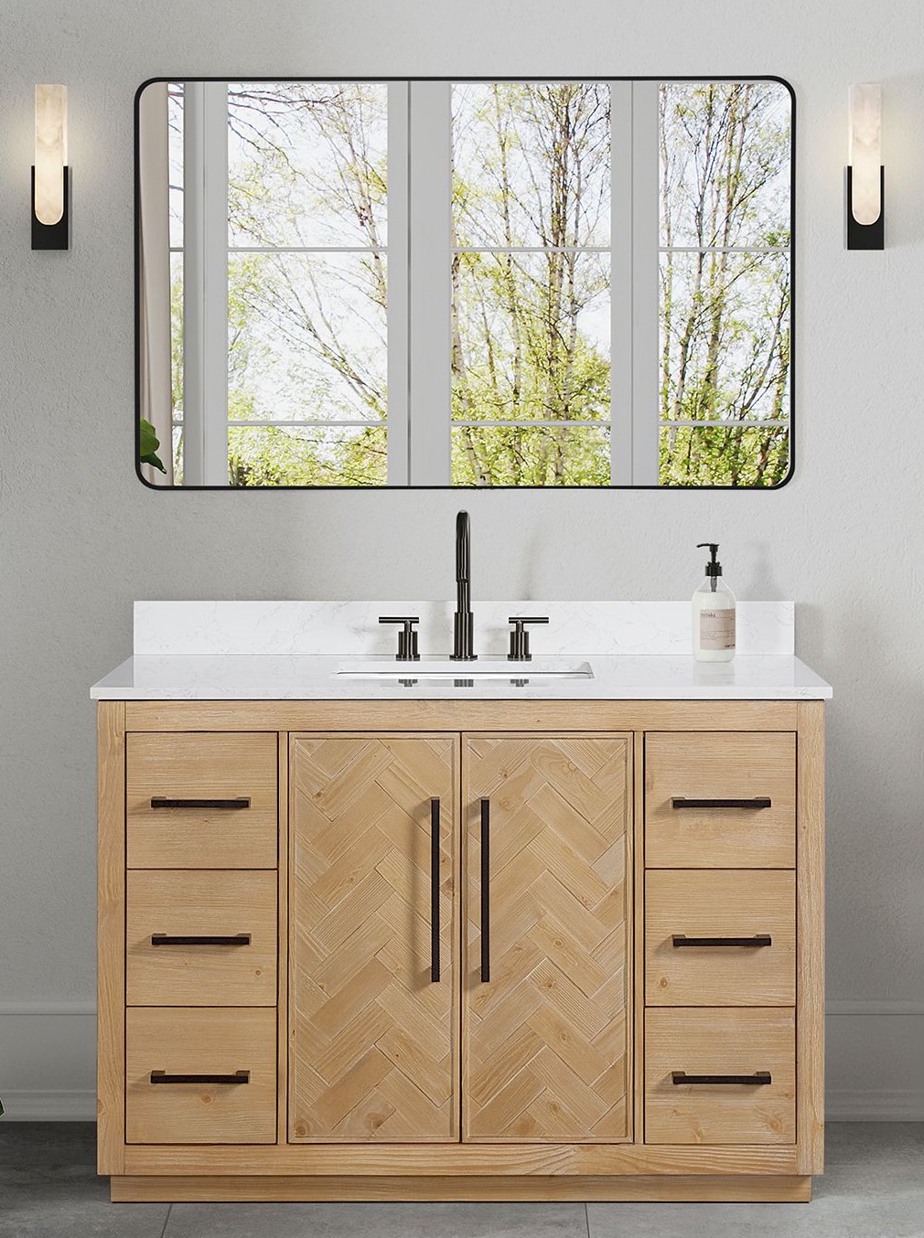 Issac Edwards 48" Single Bathroom Vanity in Weathered Fir with Grain White Engineered Stone Countertop with Mirror