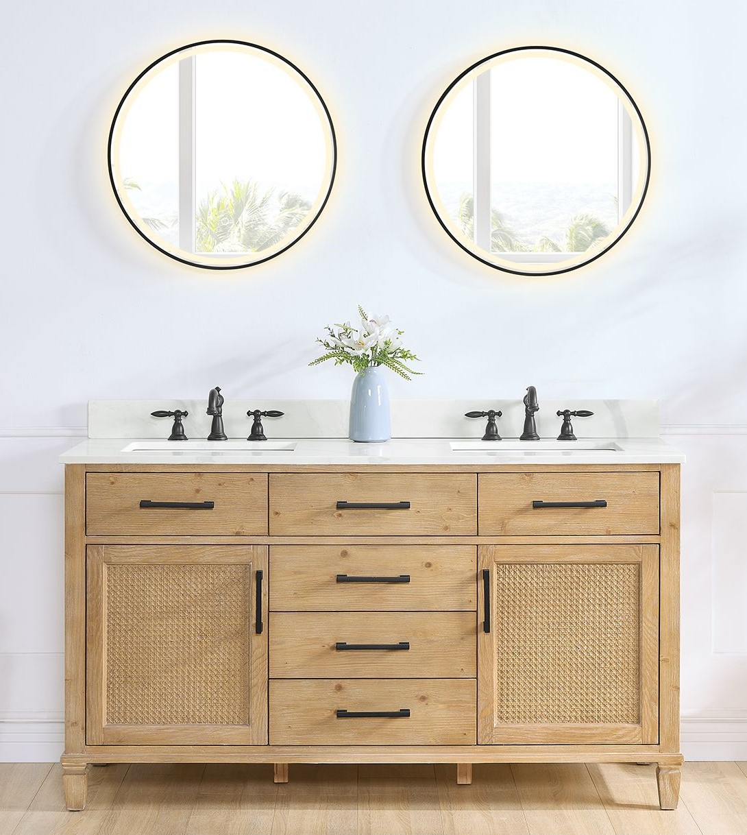 Issac Edwards 60" Double Bathroom Vanity in Weathered Fir with Calacatta White Quartz Stone Countertop with Mirror