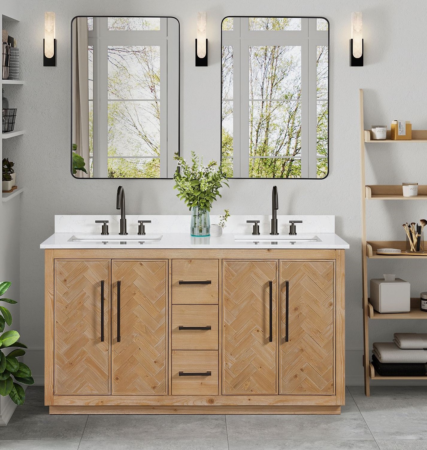 Issac Edwards 60" Double Bathroom Vanity in Weathered Fir with Grain White Engineered Stone Countertop with Mirror