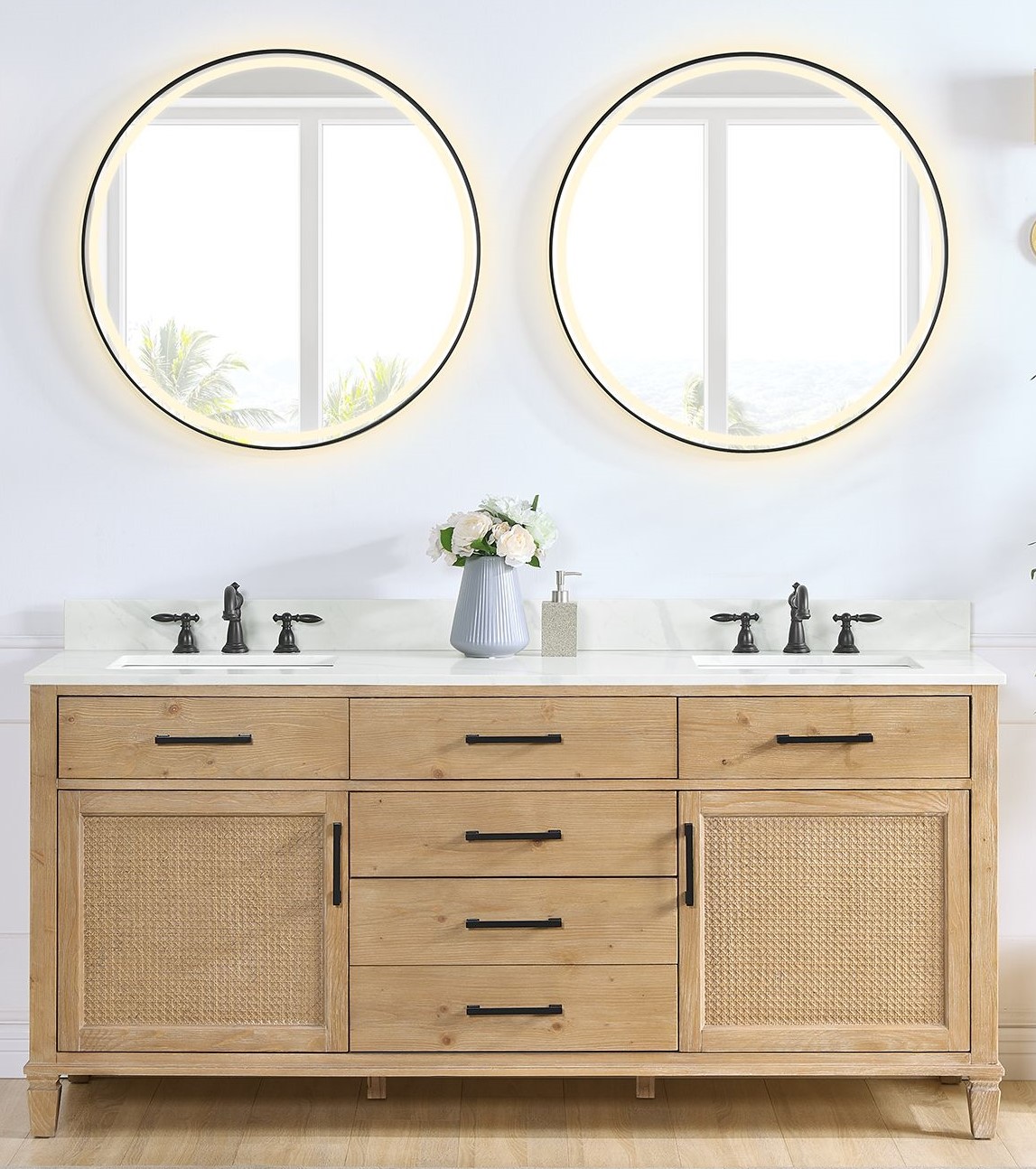 Issac Edwards 72" Double Bathroom Vanity in Weathered Fir with Calacatta White Quartz Stone Countertop with Mirror