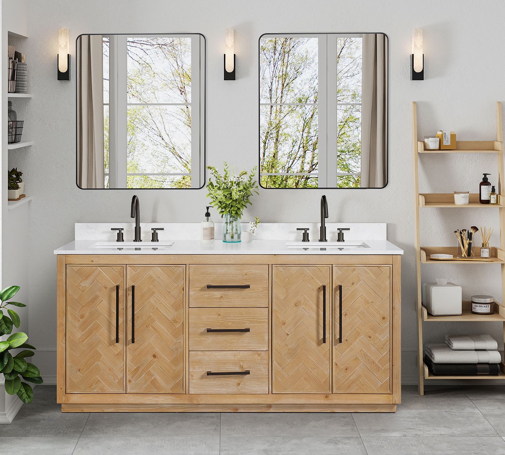 Issac Edwards 72" Double Bathroom Vanity in Weathered Fir with Grain White Engineered Stone Countertop with Mirror