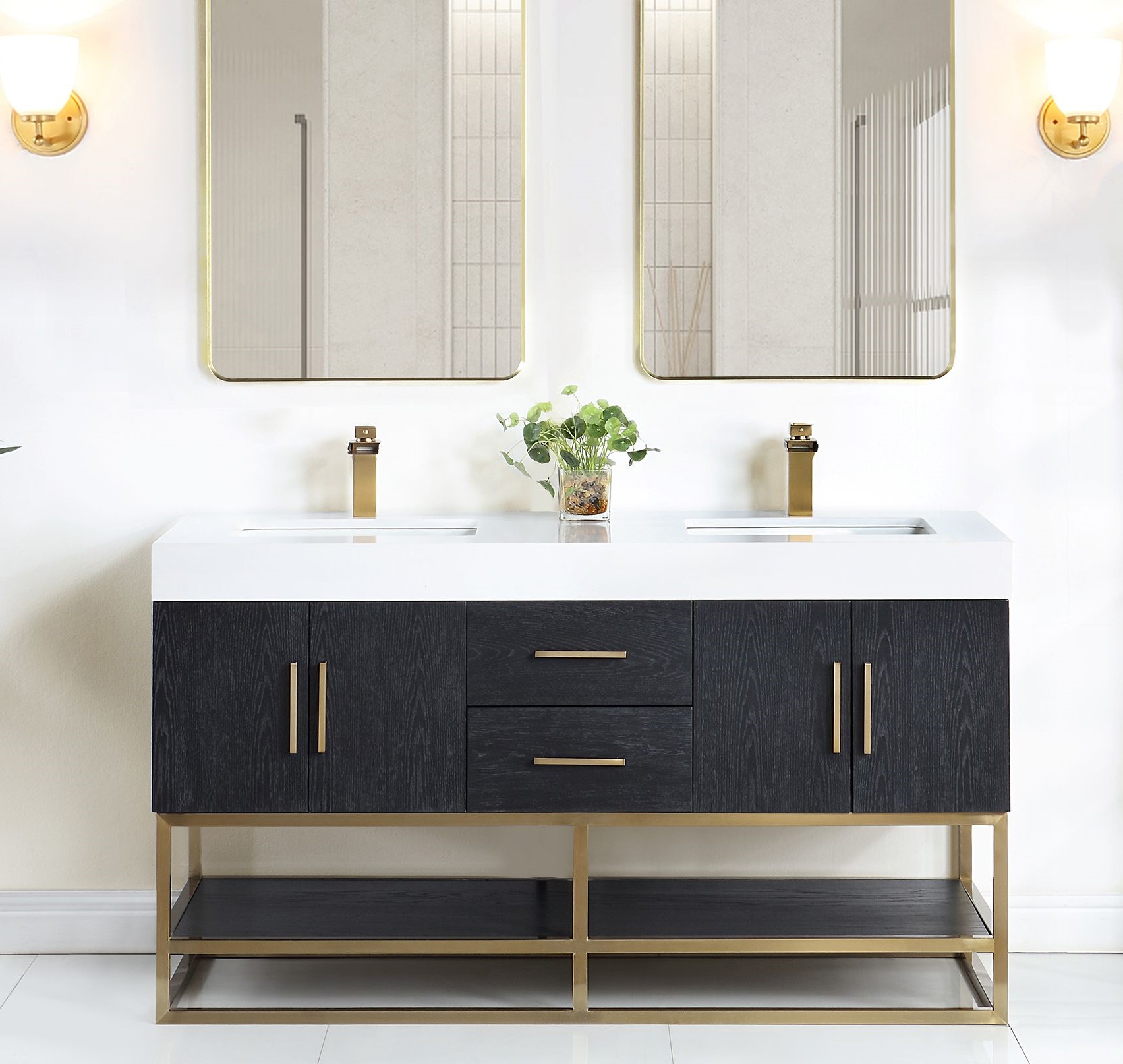 Issac Edwards 60" Double Bathroom Vanity in Black Oak with Brushed Gold Support Base and White Composite Stone Countertop with Mirror