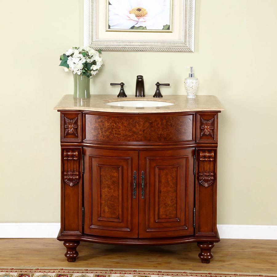 36" Single Sink Cabinet - Travertine Top, Undermount Ivory Ceramic Sink (3-hole)
