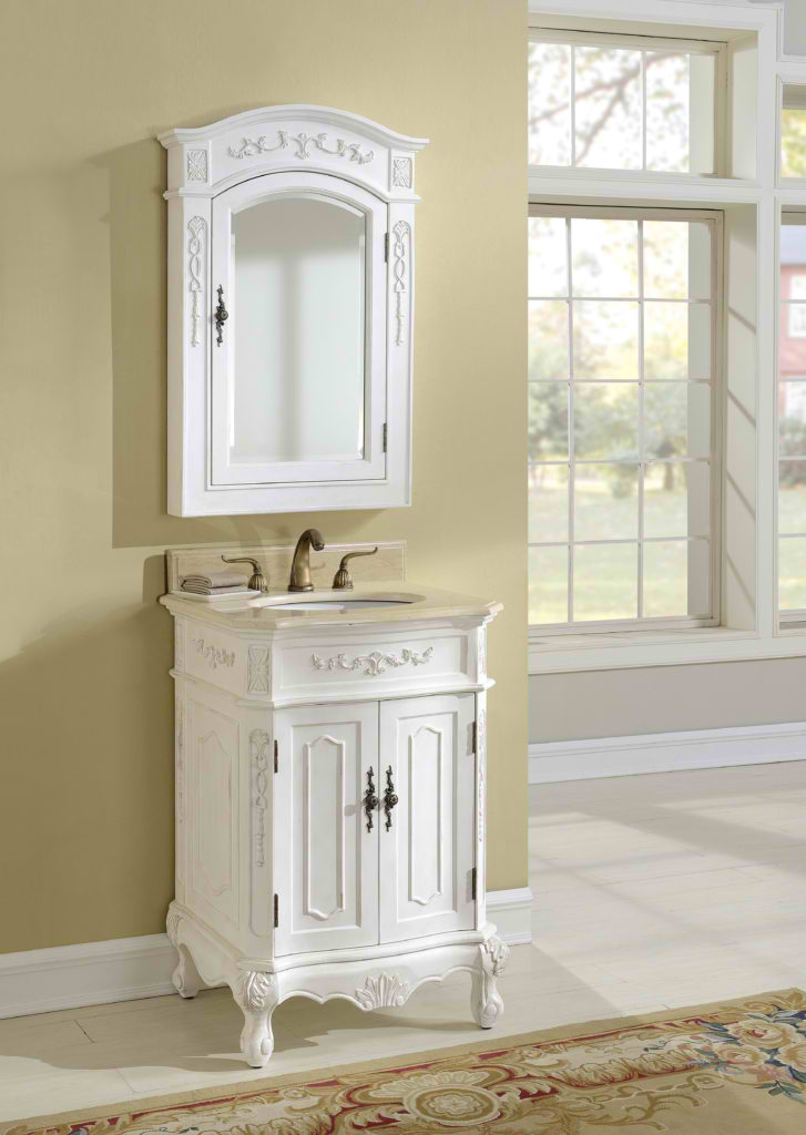 24" Antique White Vanity with Mirror, Med Cab, and Linen Cabinet Options