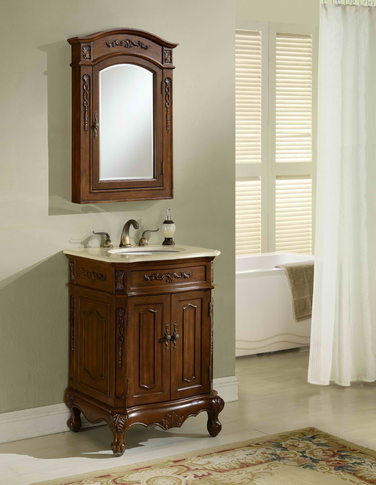 24" Antique Deep Chestnut Finish Vanity with Mirror, Med Cab, and Linen Cabinet Options
