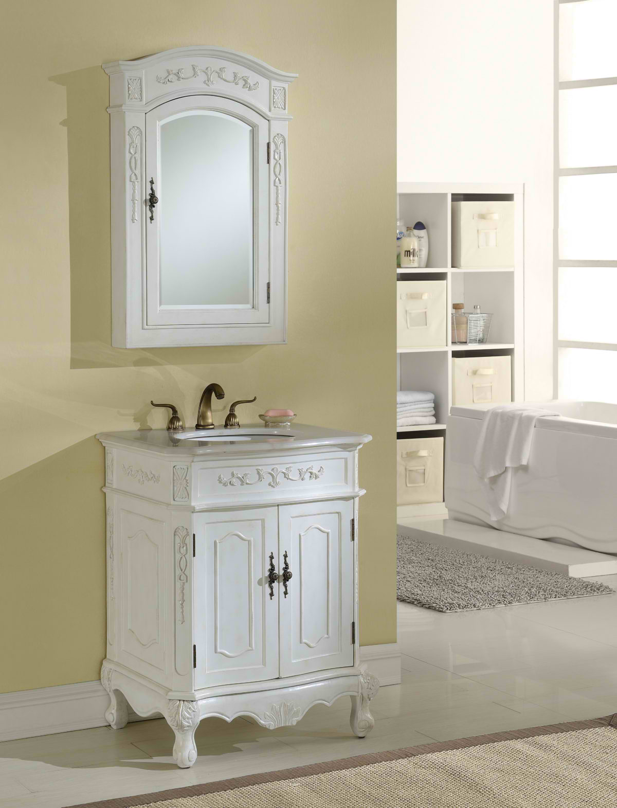 27" Antique White Finish Vanity with Mirror, Med Cab, and Linen Cabinet Options
