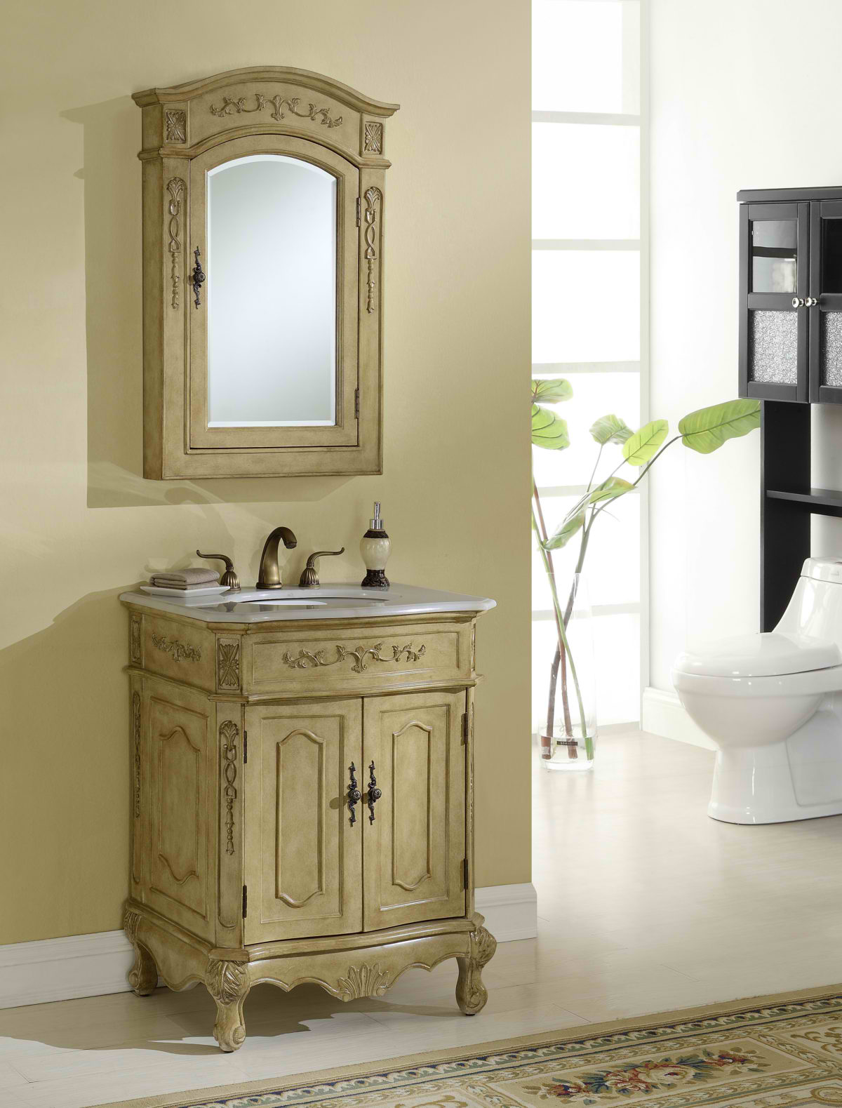 27" Antique Tan Finish Vanity with Mirror, Med Cab, and Linen Cabinet Options