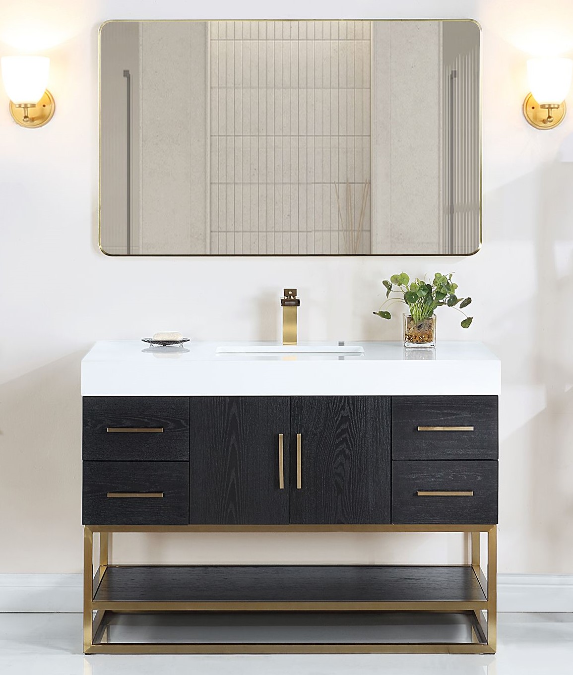 Issac Edwards 48D" Single Bathroom Vanity in Black Oak with Brushed Gold Support Base and White Composite Stone Countertop with Mirror