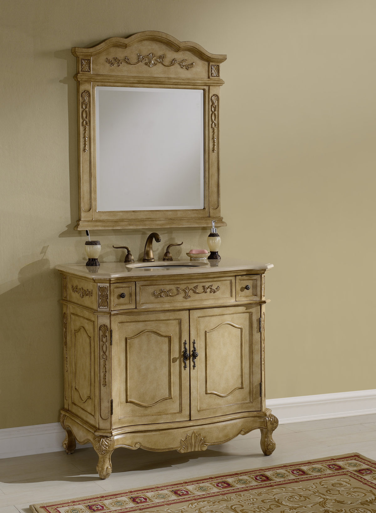 36" Antique Tan Finish Vanity with Mirror, Med Cab, and Linen Cabinet Options