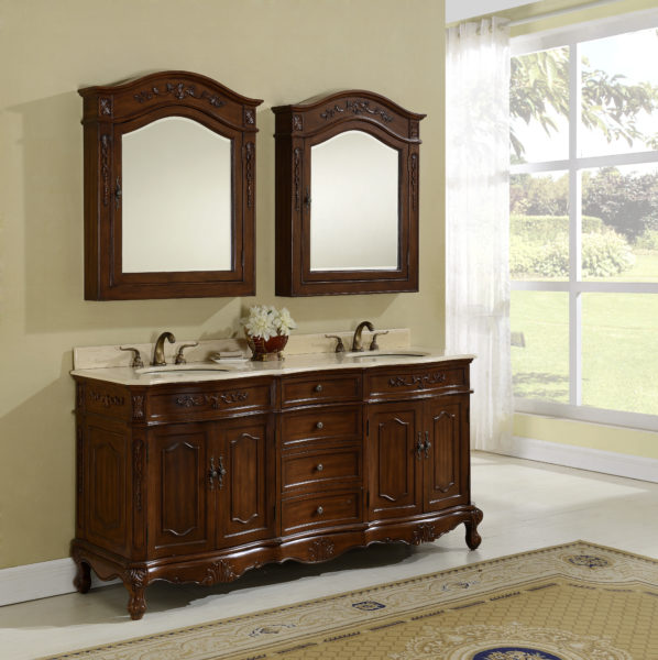 72" Antique Chestnut Finish Vanity with Mirror, Med Cab, and Linen Cabinet Option