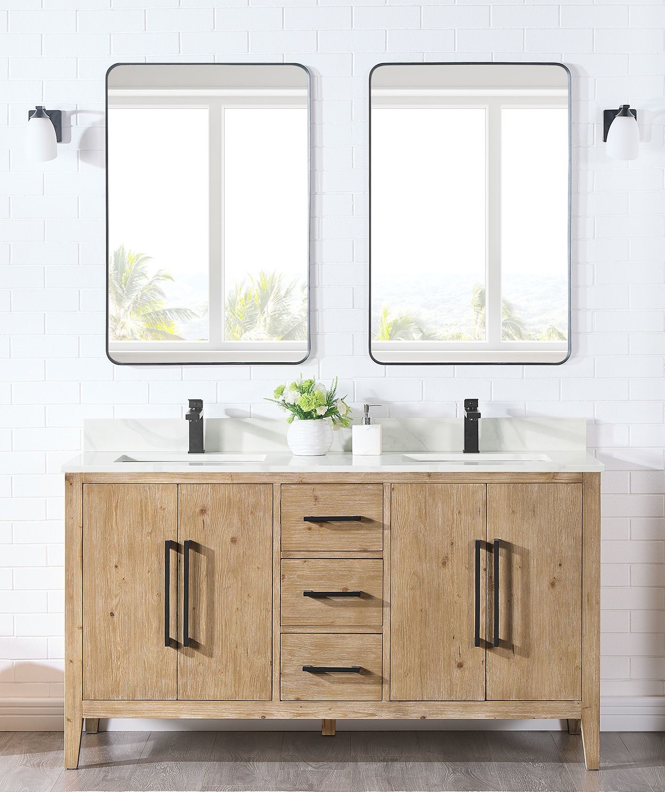 Issac Edwards 60" Double Bathroom Vanity in Weathered Fir with Calacatta White Quartz Stone Countertop