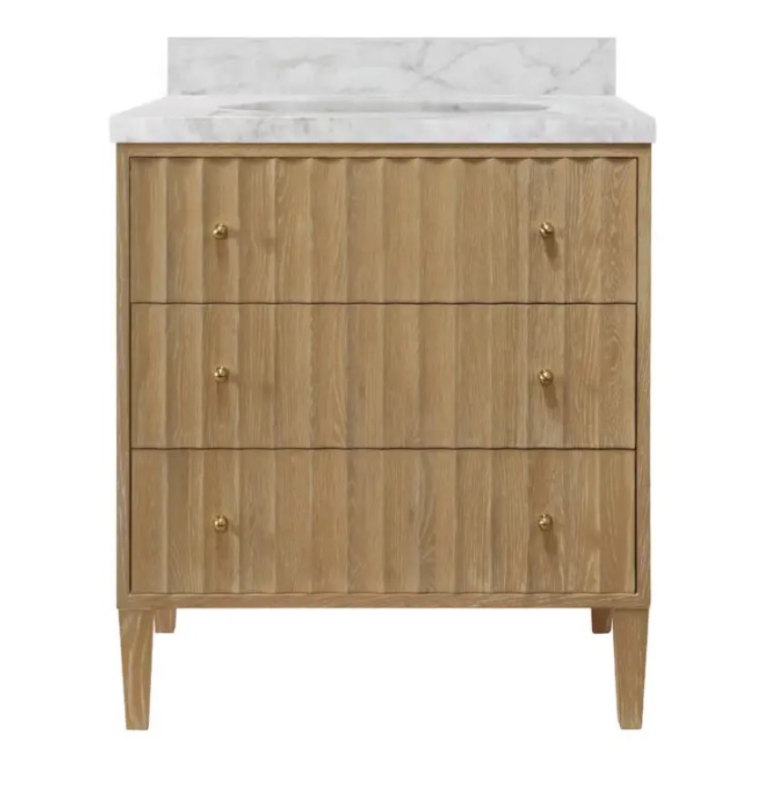 Issac Edwards 30.5" Single Bathroom Vanity with Vertical Fluted detail on Drawers in Cerused Oak with White Marble Top, Porcelain Sink, and Polished Brass Knobs