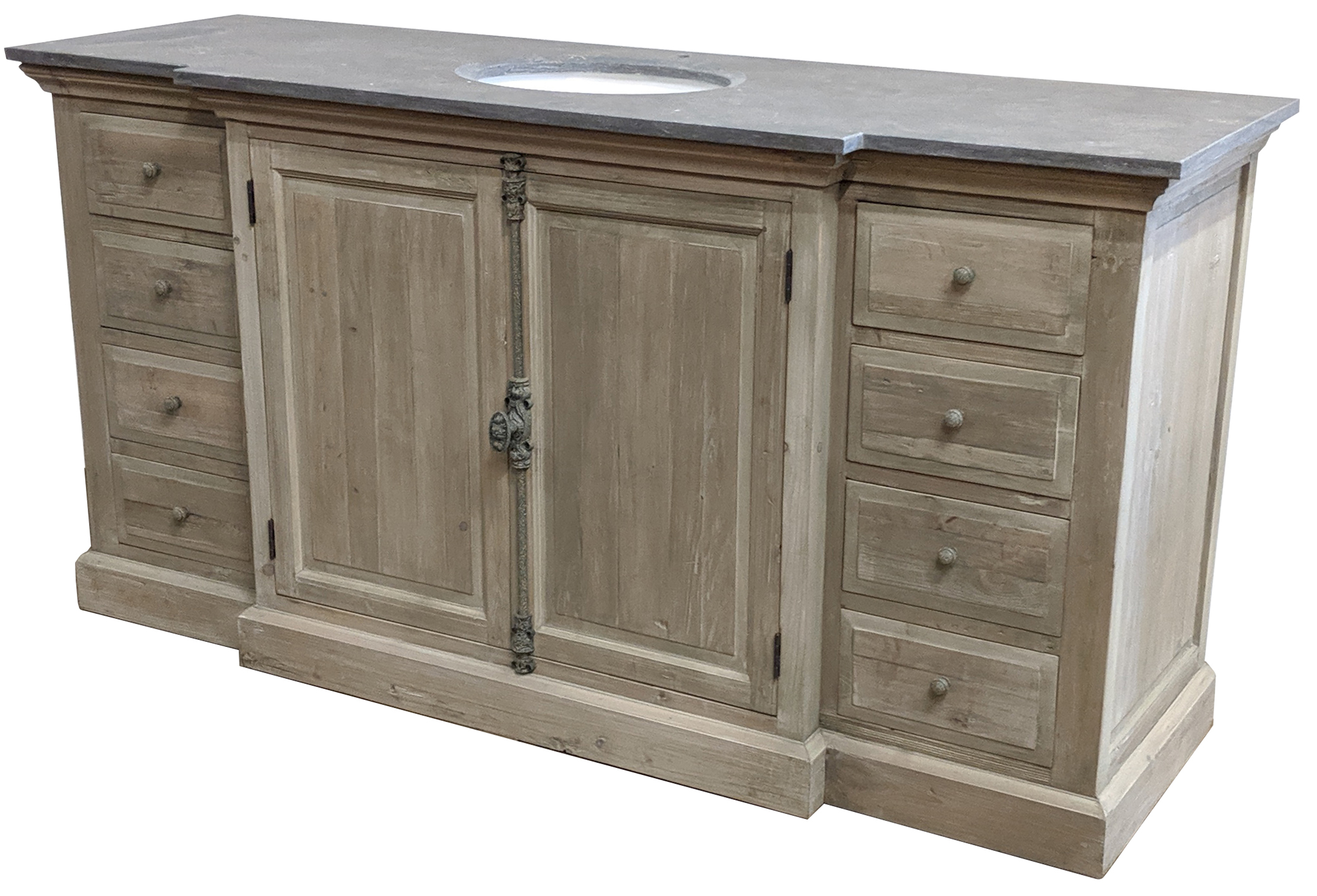 71" Reclaimed Pine Large Single Vanity with Blue Stone Top Wash Finish