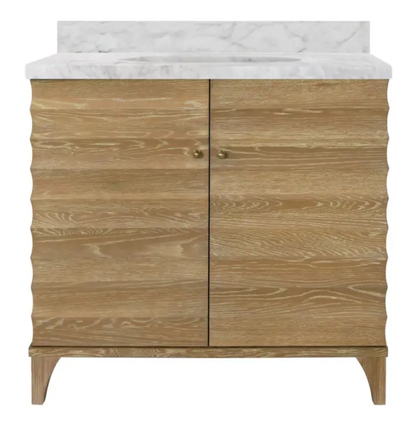 Issac Edwards 36.5" Single Bathroom Vanity with Horizontal Fluted Detail in Cerused Oak with White Marble Top Porcelain Sink, and Polished Brass Knobs