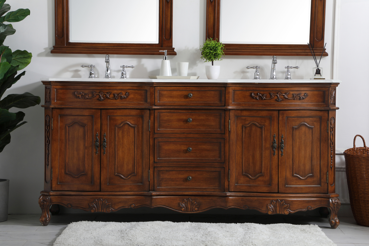 72 inch Adelina Double Bathroom Vanity in Teak with Ivory White Marble