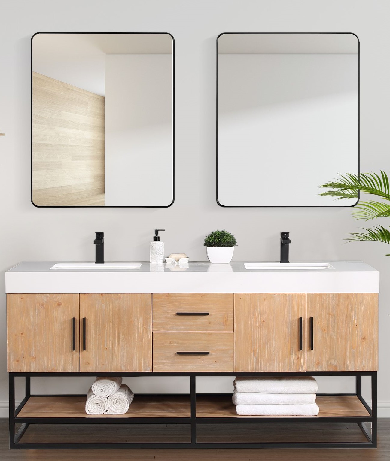 Issac Edwards 72" Double Bathroom Vanity in Light Brown with Matte Black Support Base and White Composite Stone Countertop with Mirror