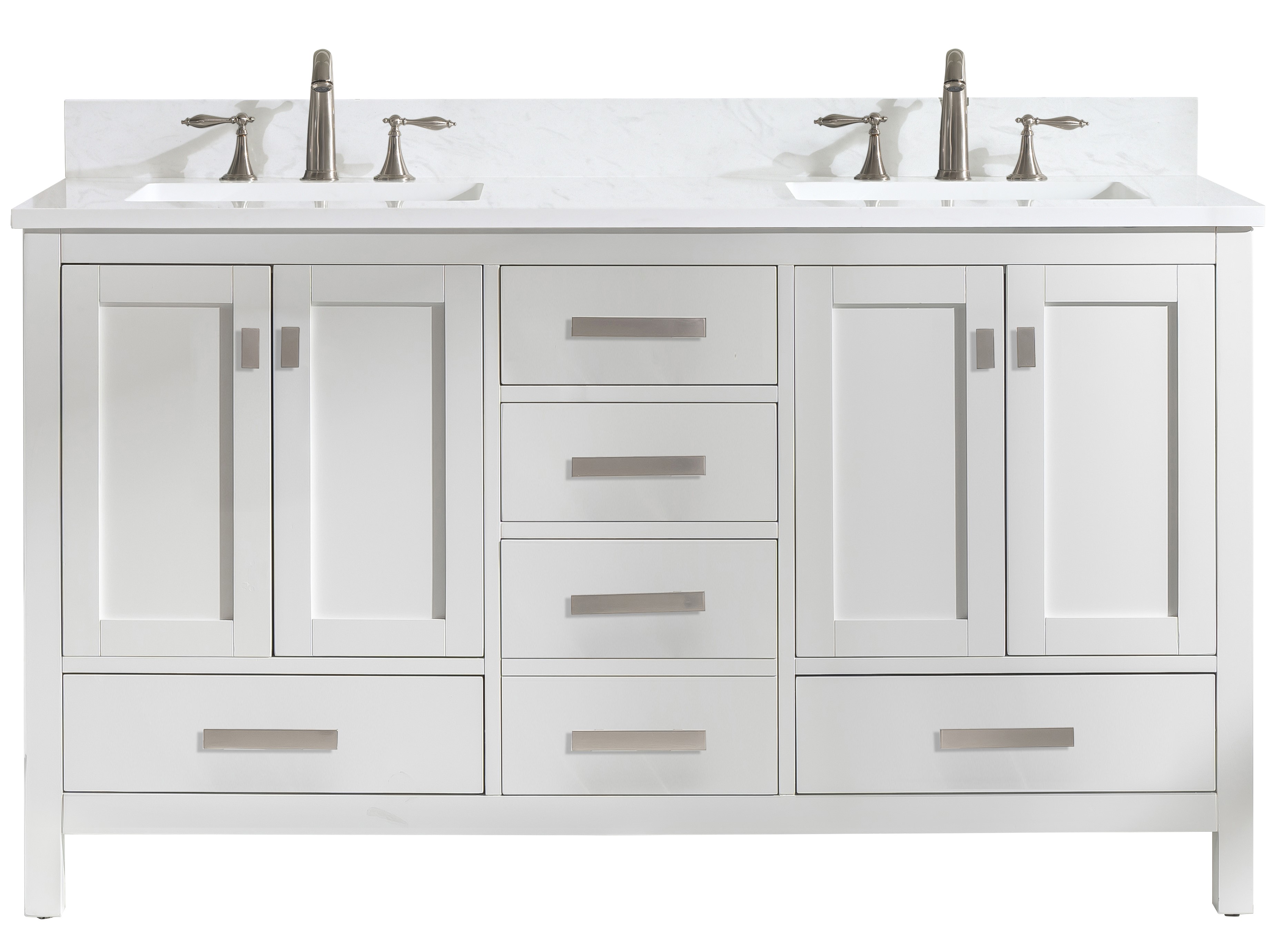 Modern 60" Double Sink Vanity with 1" Thick White Quartz Countertop in White Finish
