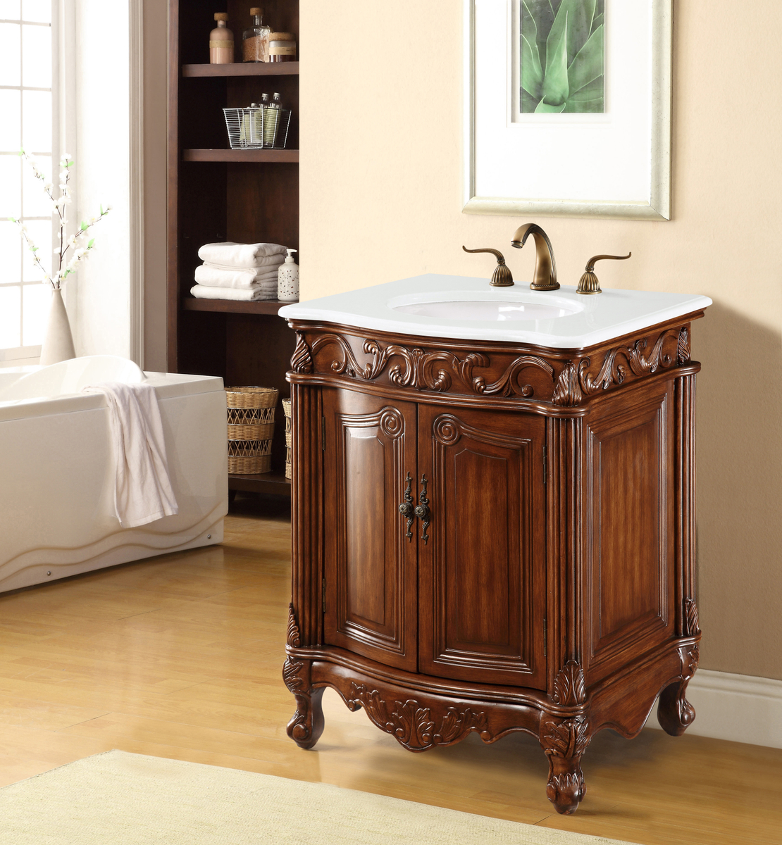 27 inch Adelina Single Bathroom Vanity in Brown with Ivory White Engineered Marble