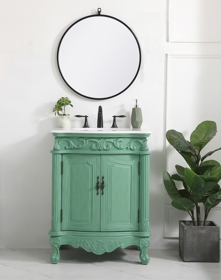 27 inch Adelina Single Bathroom Vanity in Vintage Mint with Ivory White Marble