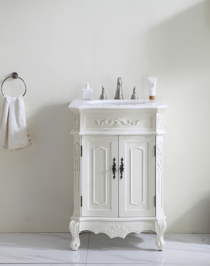 24 inch Adelina Single Bathroom vanity in Antique White with ivory white engineered marble