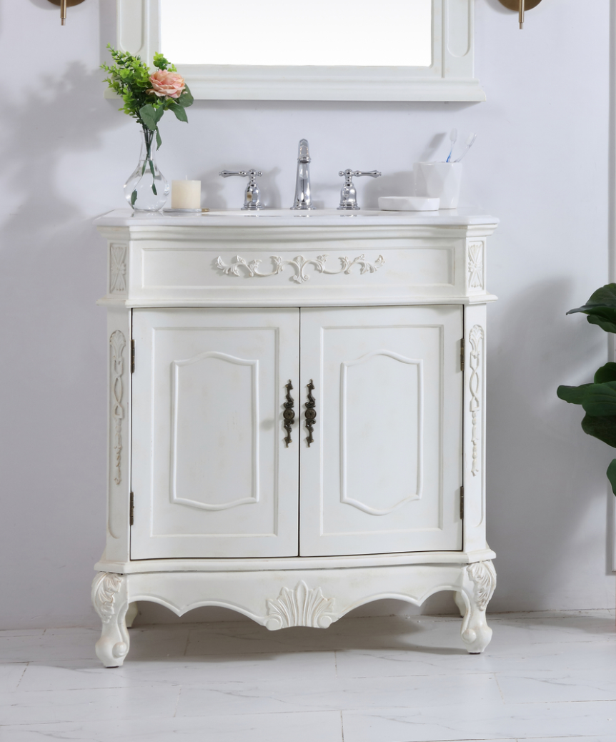 32 inch Adelina Single Bathroom Vanity in Antique White with Ivory White Marble