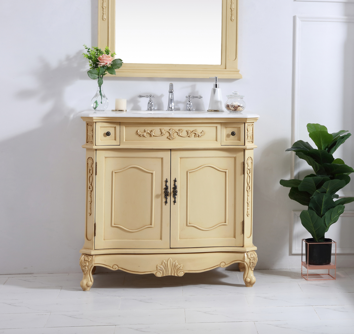 36 inch Adelina Single Bathroom Vanity in Light Antique Beige with Ivory White Marble