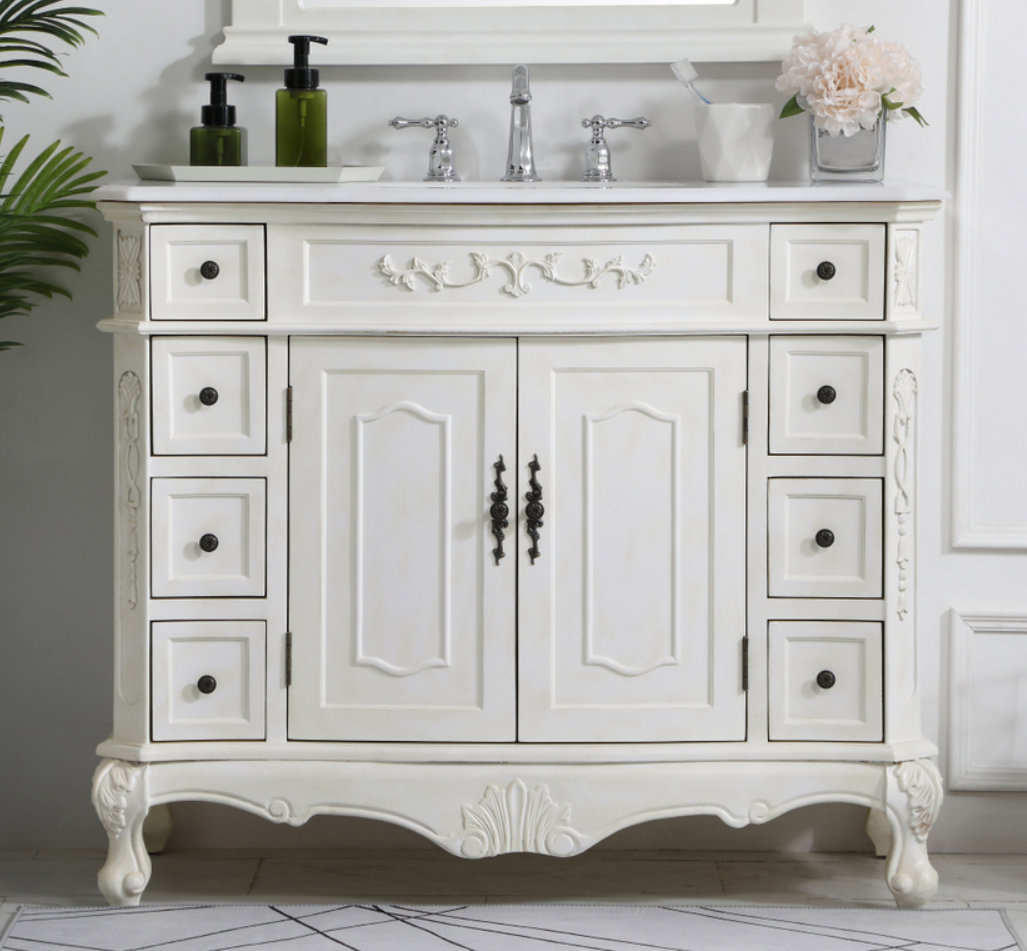 42 inch Adelina Single Bathroom Vanity in Antique White with Ivory White Marble