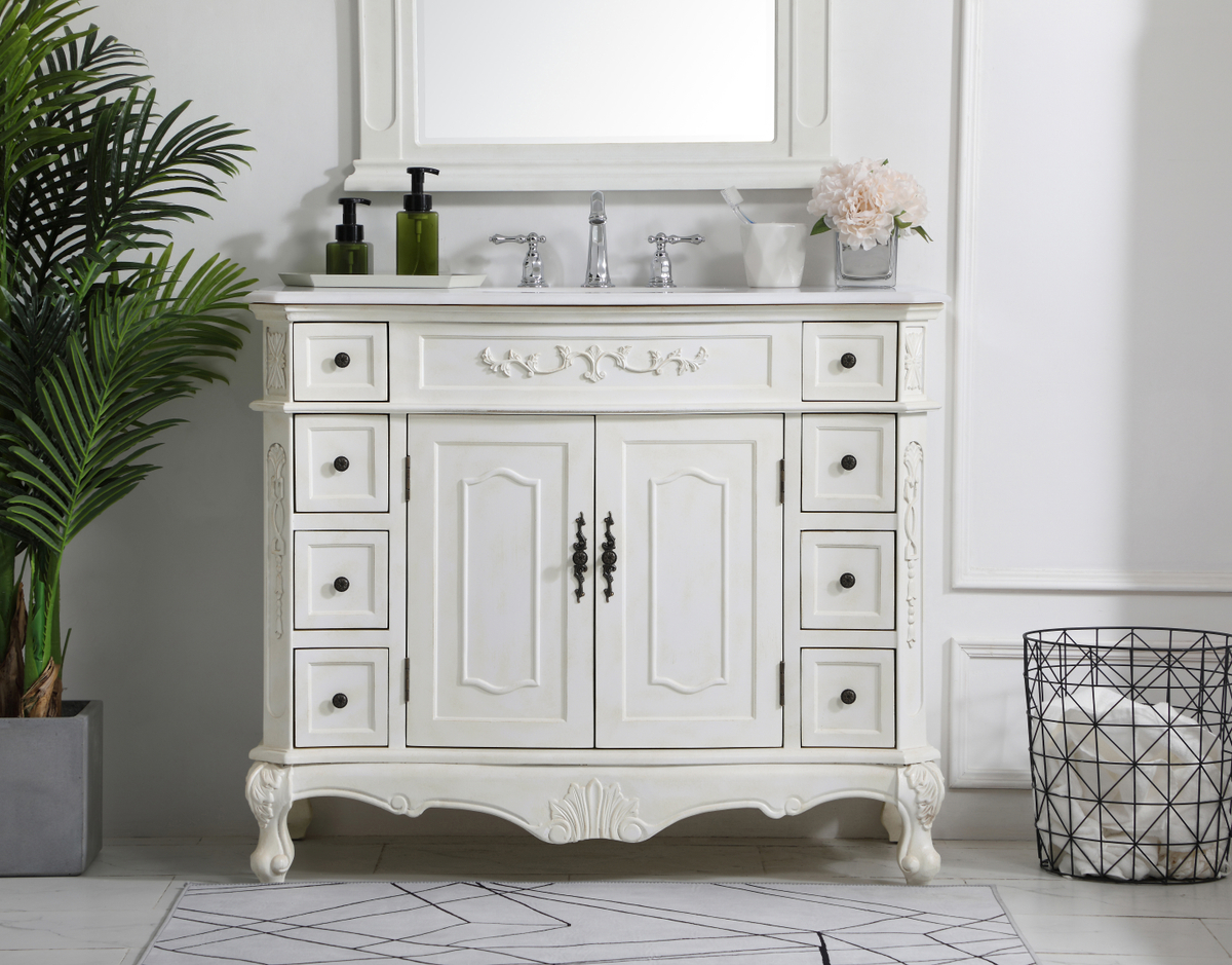 42 inch Adelina Single Bathroom Vanity in Antique White with Ivory White Marble