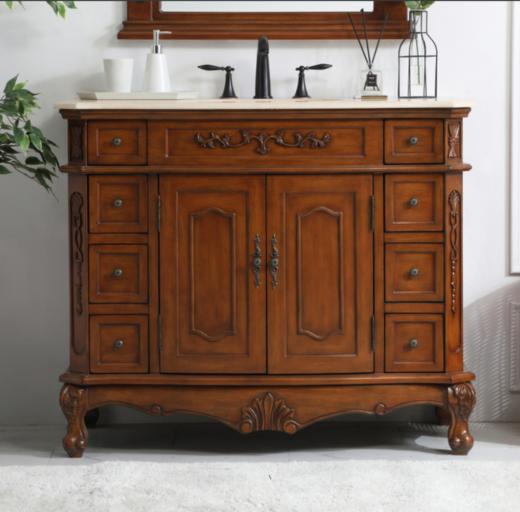 42 inch Adelina Single Bathroom Vanity in Teak with Ivory White Marble