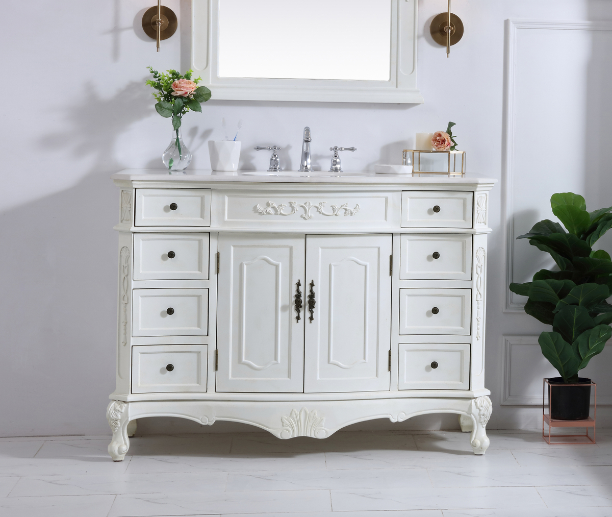 48 inch Adelina Single Bathroom Vanity in Antique White  with Ivory White Marble