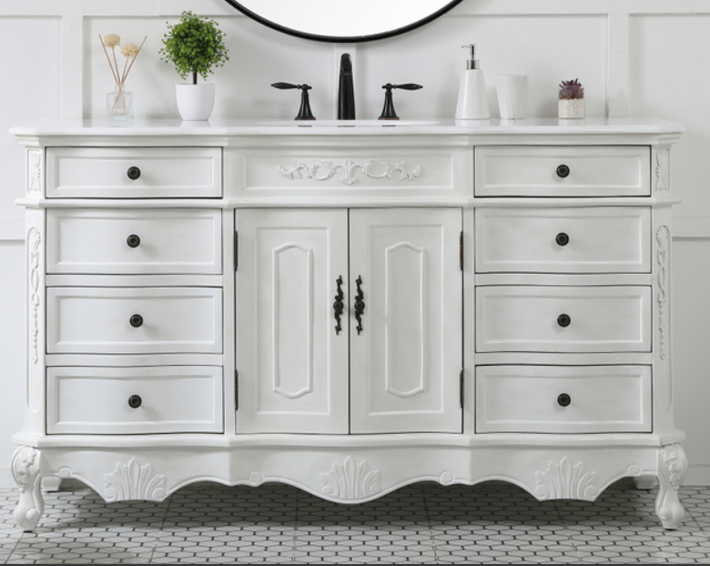 60 inch Adelina Single Bathroom Vanity in Antique White with Ivory White Marble