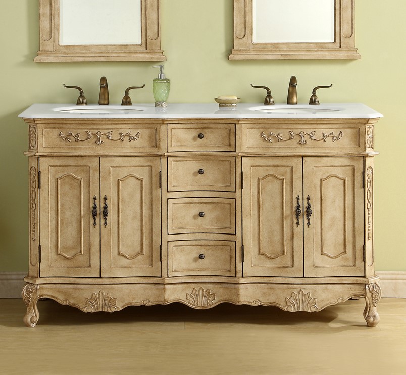 60 inch Adelina Double Bathroom Vanity in Antique Beige with Ivory White Marble